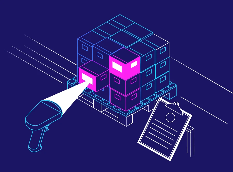 Croquis: pallet de cajas de archivo con lector de códigos y acta de entrega